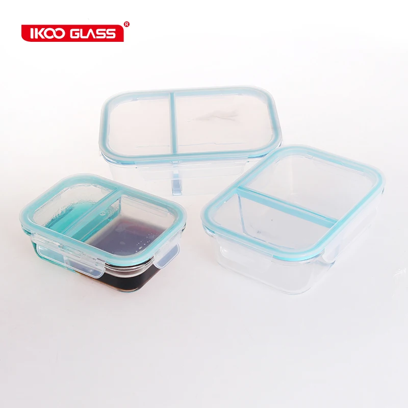 IKOO microwavable bento lunch box 2 compartments glass food storage containers with PP lids