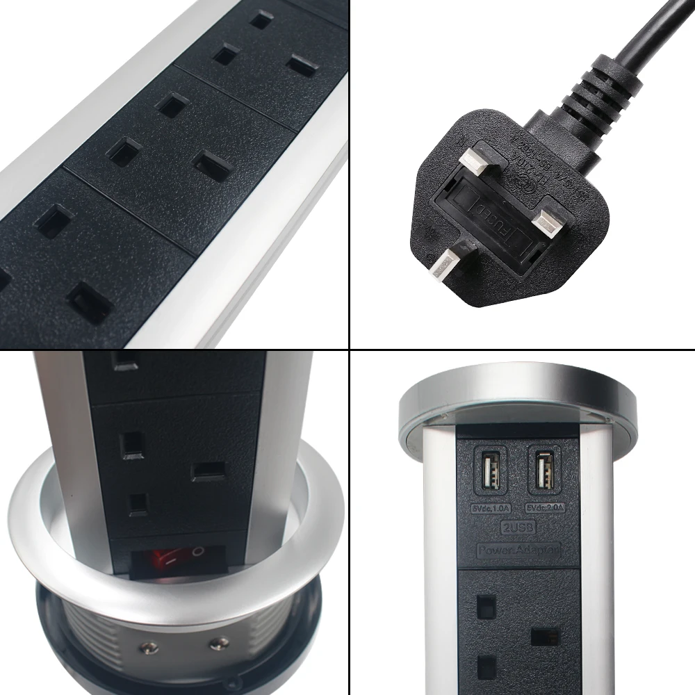
3UK Plug & 2 USB intelligent wireless charing retractable power motorized tabletop desk smart pop up power strip 