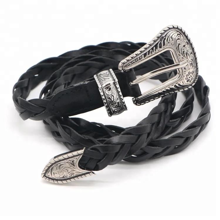New vintage woven carved leather ladies thin belt pin buckles leather belt fashion wild casual narrow waist seal for women