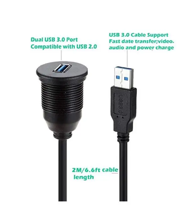 2M Single USB 3.0 Panel Mount Port 3.0 Male to Female USB Flush Mount.AUX Flush Mount Dashboard Cable for Car Boat Truck