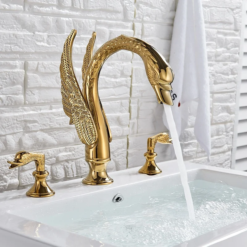 
2019 New Arrivals Luxury Golden Swan Faucet Deck Mounted Dual Handles Hot Cold Water Mixer Tap washroom Basin Sink Faucet 