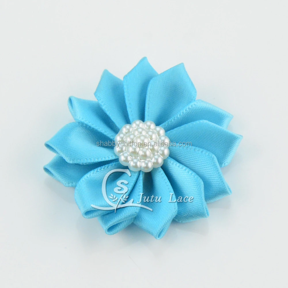 
High quality satin ribbon handmade flowers ,Pearls Center Flower In 4cm fabric sequined beaded flower 