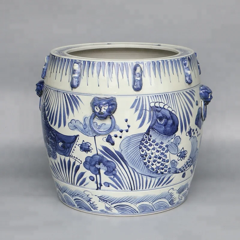 Bule and white porcelain home decorate ,big antique ceramic jar for pictures ,umbrella and fish with good price and high quality