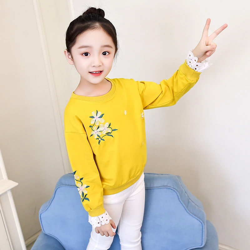 
Children clothing cotton fabric embroidered pearl lace ruffles pullover hoodie 