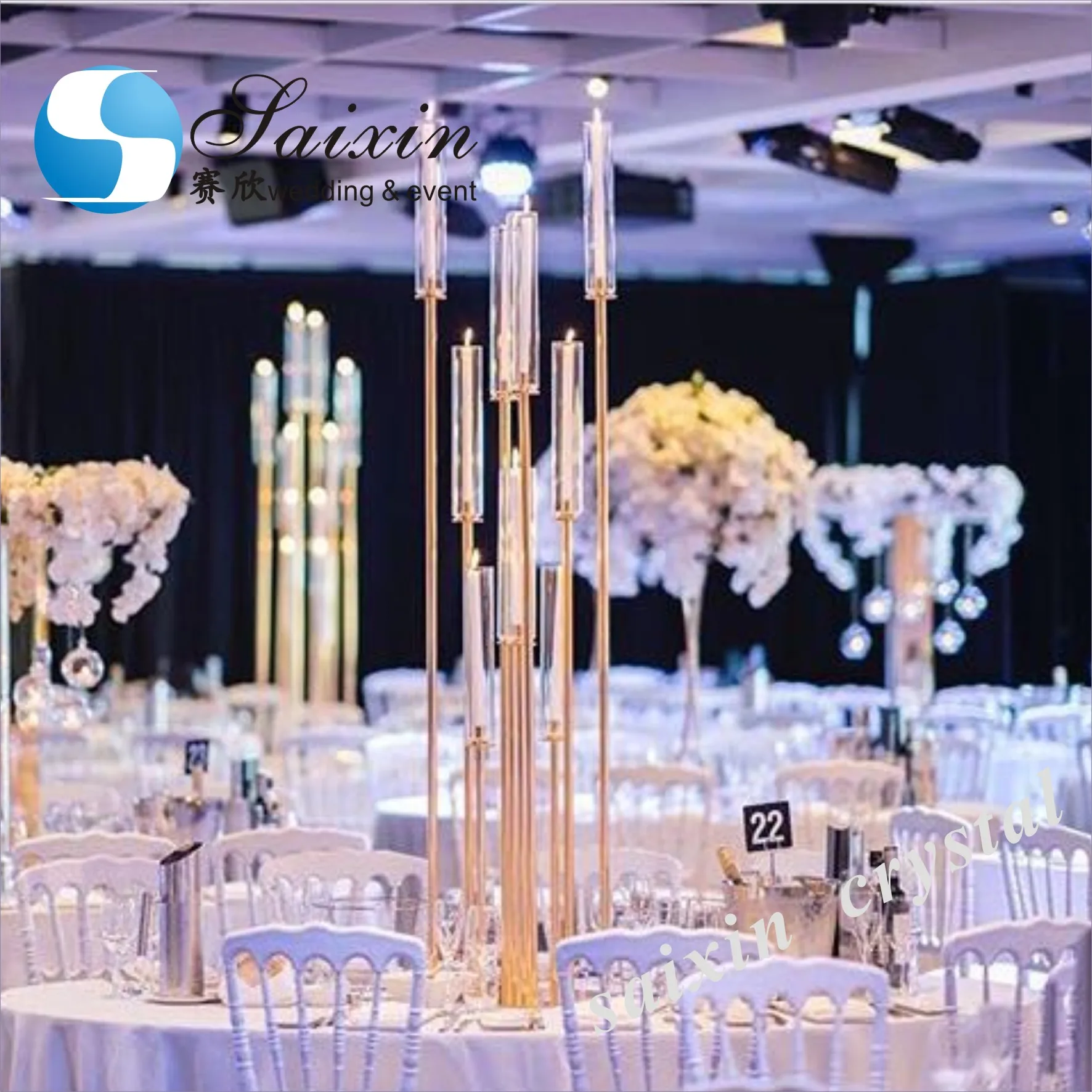 ZT-323G Bling gold long stem candelabra for wedding centerpiece