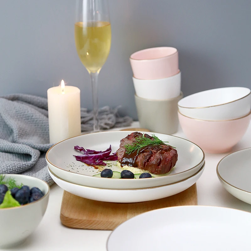 European style pink grey glazed porcelain charger plates with gold rim