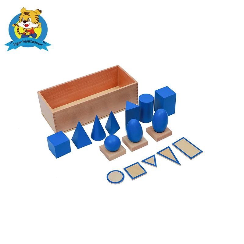 Professional factory directly support wooden montessori sensorial item Geometric Solids with Stand, Bases, and Box