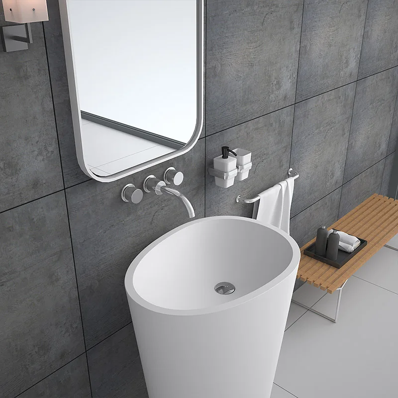 Discount price oval Free standing wash hand basin marble pedestal bathroom solid surface resin stone freestanding washbasin