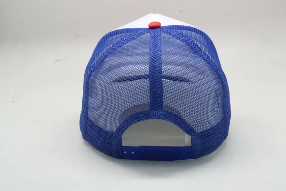 custom foam turcker cap mesh fabric blank design white panel with red brim and blue mesh Snapback Cap