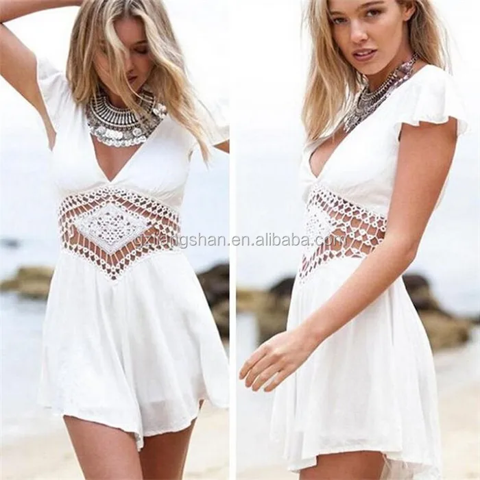 
2015 European Style Brand New V Neck Chiffon Jumpsuit Summer Women Cap Sleeve Backless White Loose Short Jumpsuits Women 