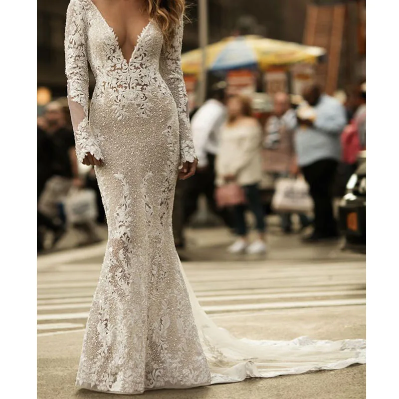 Long Sleeves  Mermaid 2019 Wedding Dress Bridal Gown Open Back Trumpet Lace Bridal Dresses Guangzhou Deep Chest Design