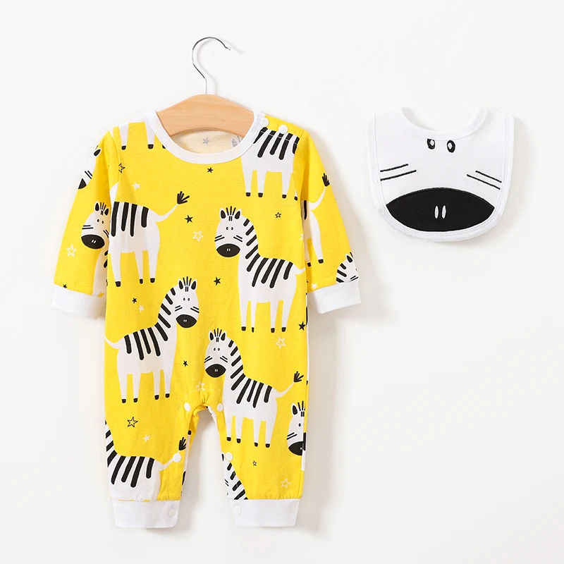 Baby clothes unisex baby romper 0-1 years old spring and autumn cotton long-sleeved cute zebra  print jumpsuit with saliva towel