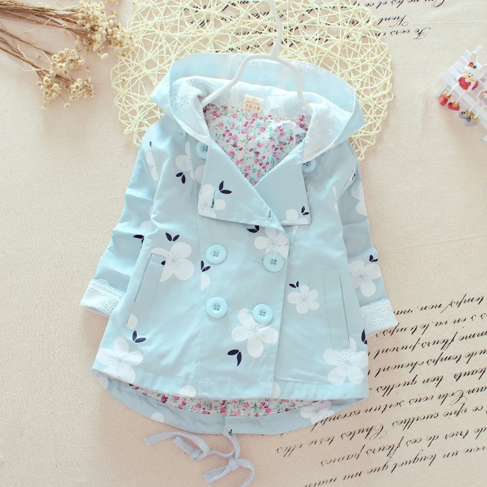 2016 Spring Autumn Children Casual Girls Double breasted Flower Hooded Outerwear Cardigan Coat Girl s Jacket