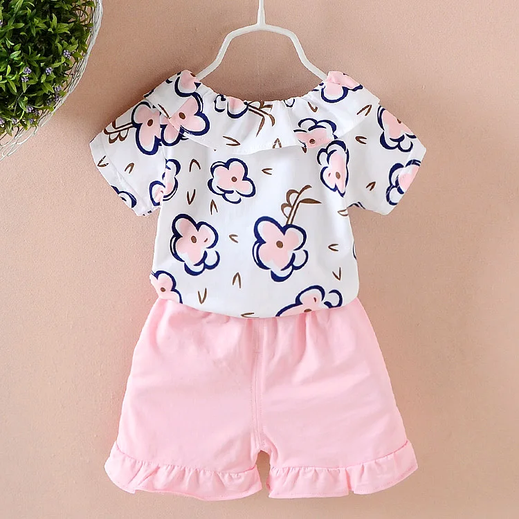Fashion lovely comfortable flounces floral print short sleeve top ruffled shorts 2019 kids clothing children boutique clothes
