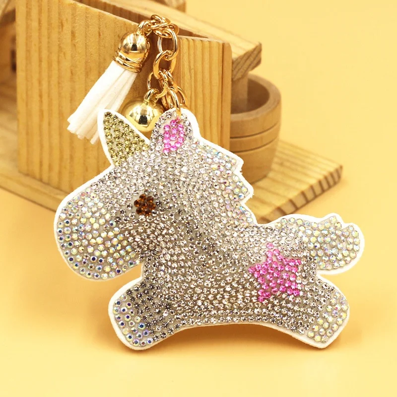 Novelty Cute Bling Shiny Unicorn Shaped  with diamond  covered Leather PU Keyring  Key Ring key chain Keychain