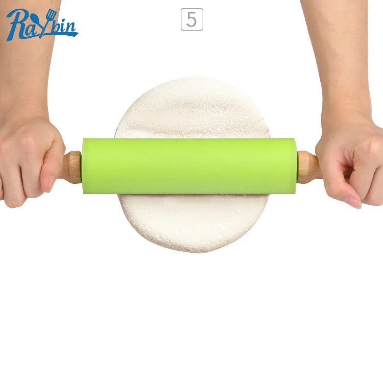 Home kitchen pastry baking tools non-stick silicone rolling pin with wood handle