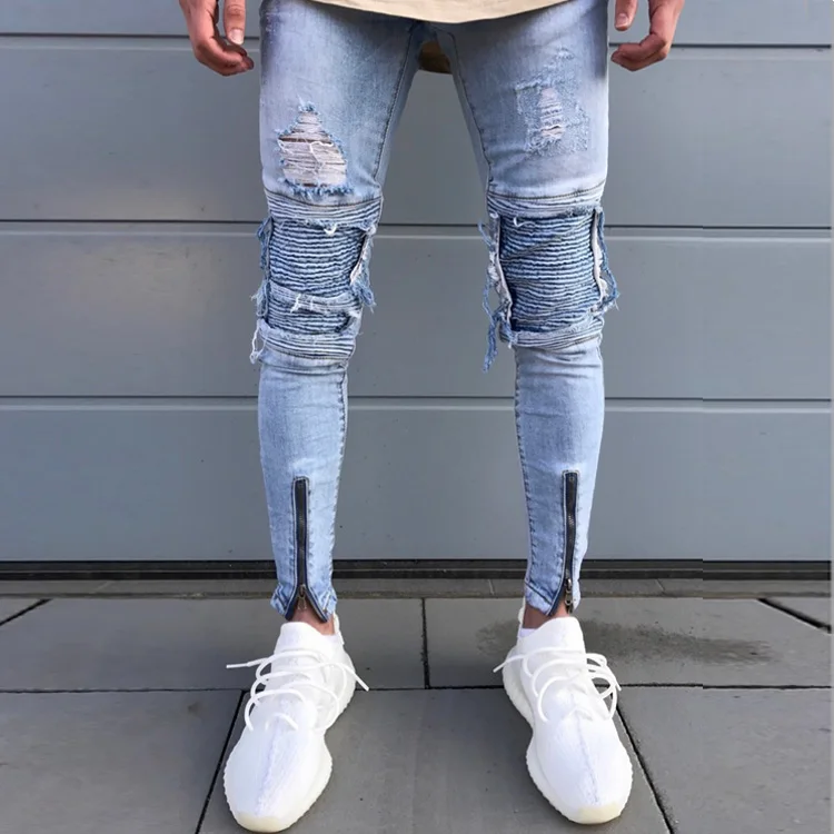 Мужские эластичные рваные облегающие байкерские джинсы, зауженные джинсовые штаны с резинкой, брюки-бермуды со складками, джинсы с вырезами на коленях