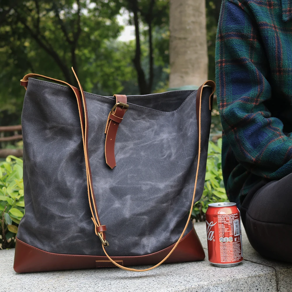CHANGRONG Custom Large waterproof grey waxed canvas leather shoulder bag for women