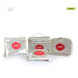 Luxury waterproof cosmetic packaging pouch oem zipper transparent pvc makeup bag with lips printed