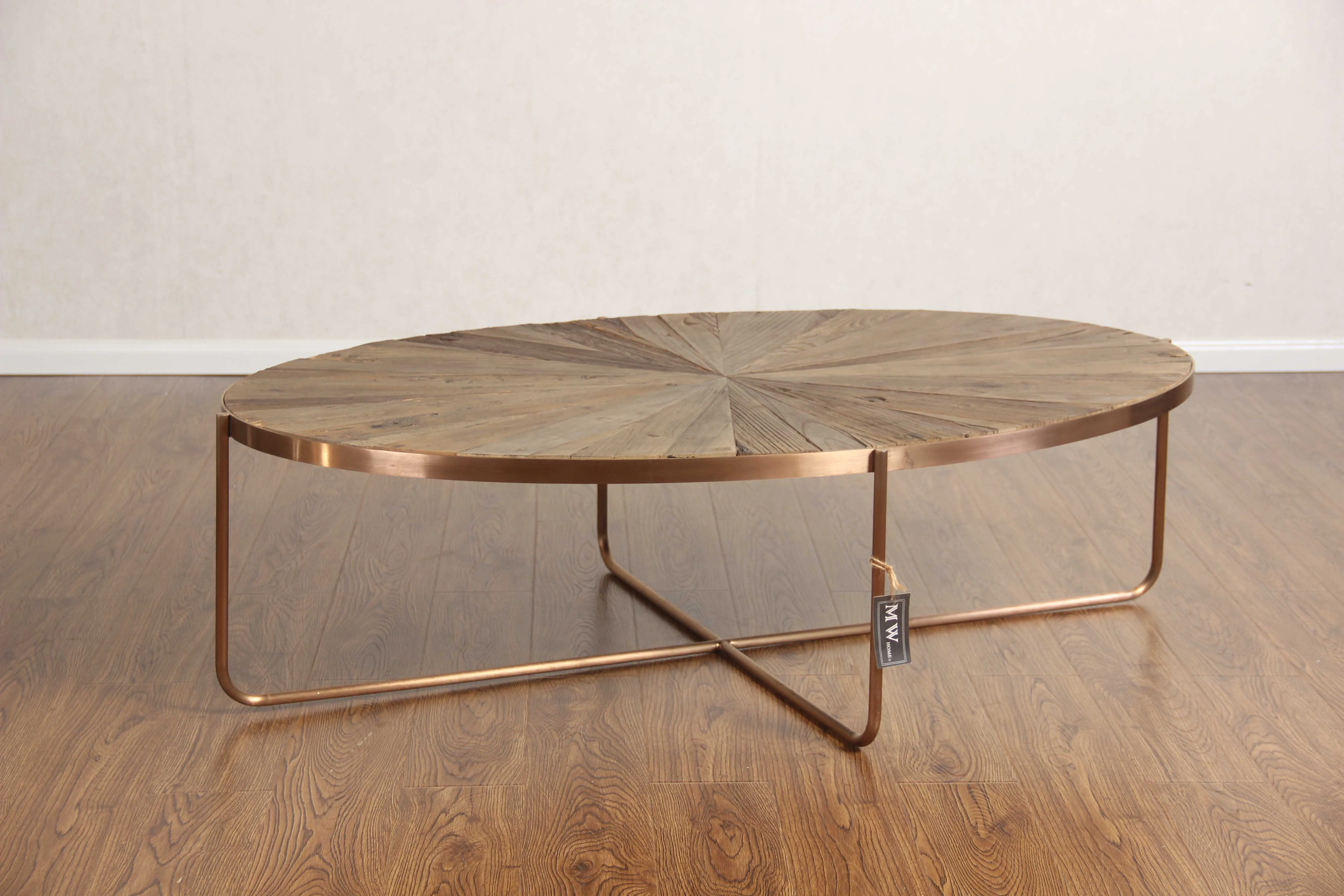 MRS WOODS High quality rose gold stainless steel frame oval coffee table wood