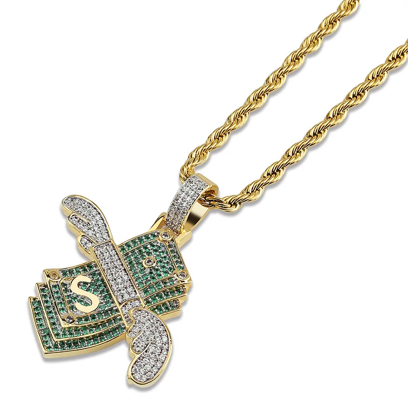 Hip Hop 14k Gold Plated Iced Out CZ Diamond Flying Wings Charm Dollar Pendant Necklace
