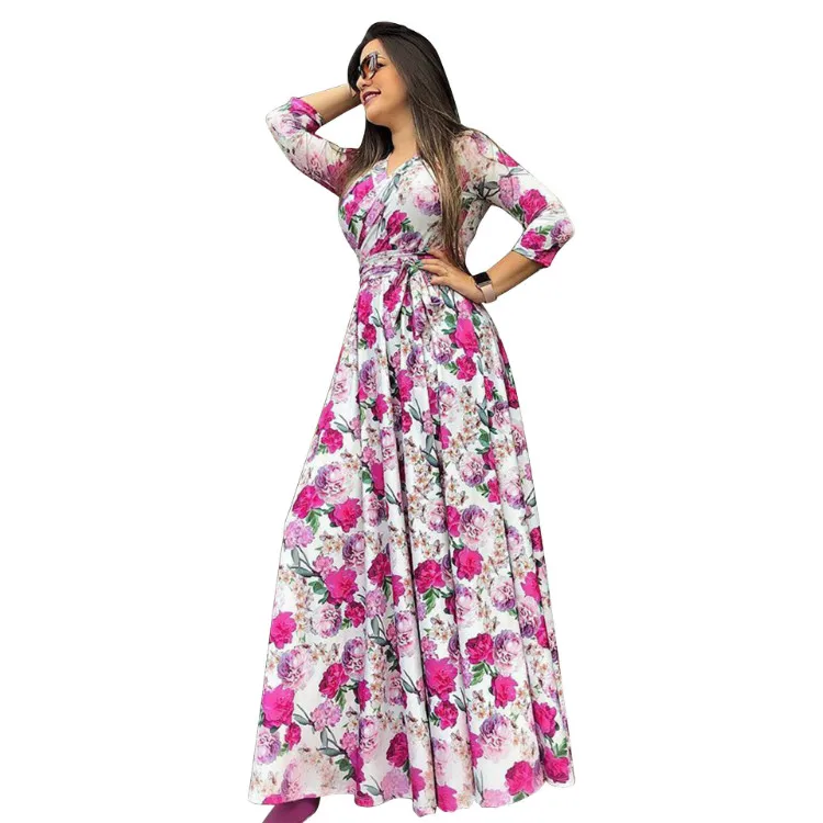 Clothes women v neck 3/4 sleeve plus size floral printed party long maxi dresses with belt