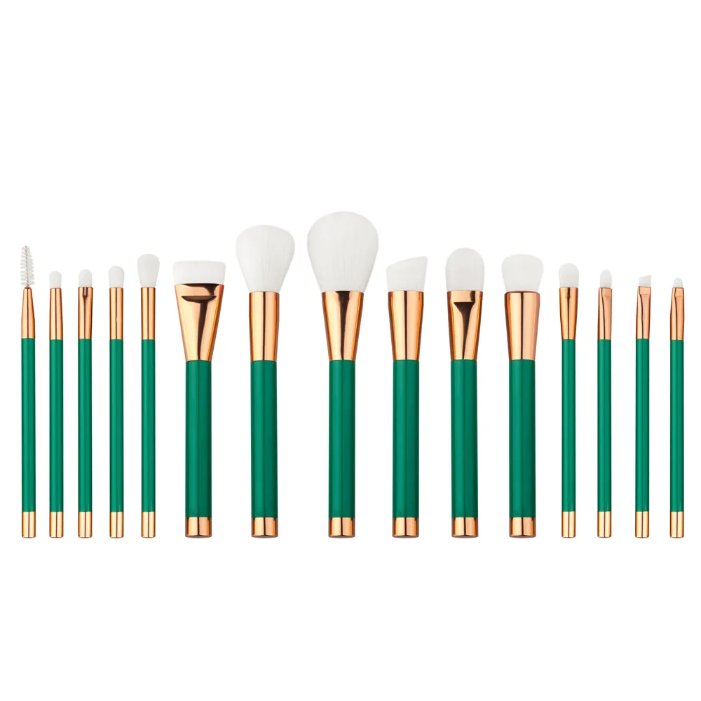 
15 pcs green wood handle soft nylon hair face powder makeup brush set 