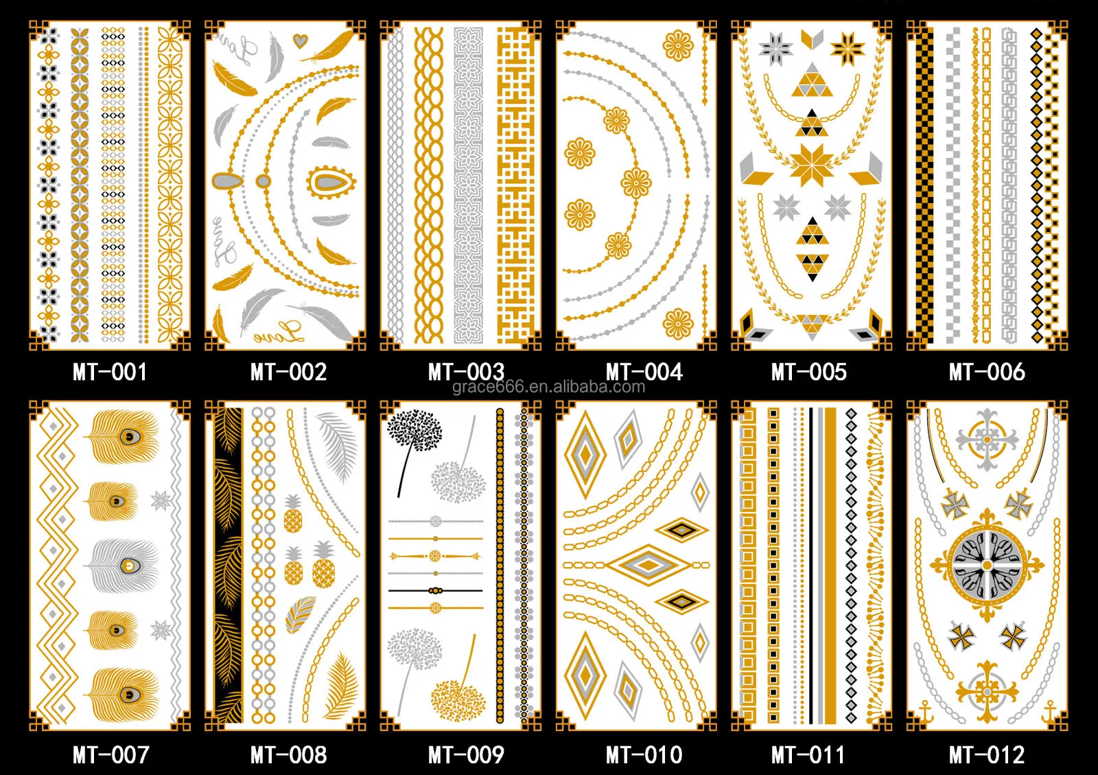 MT 1-36 gold silver colorful temporary body tattoo sticker custom body tattoo waterproof body tat