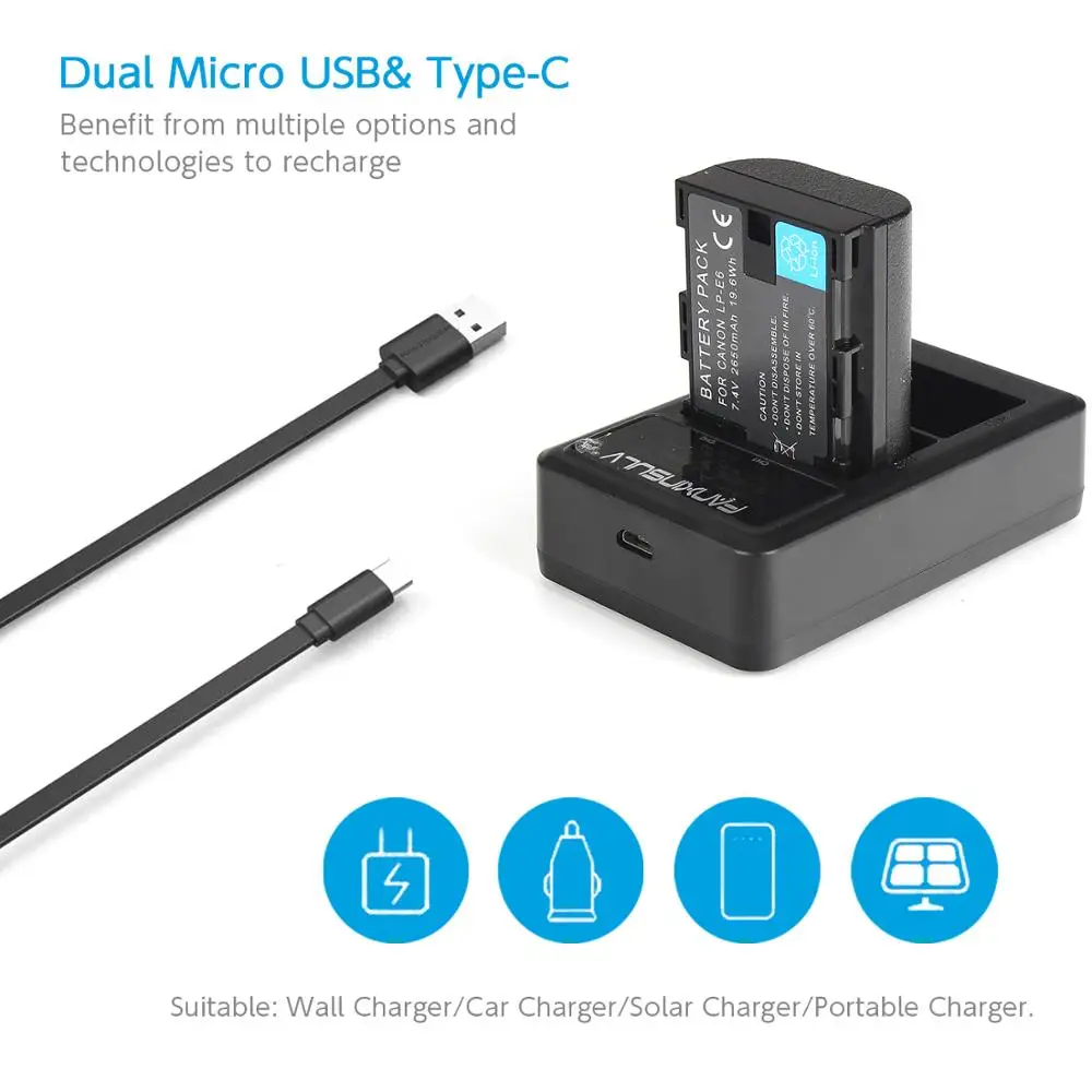 
HSU 2000 mAh Best Third Party Dual Battery Charger Pack LP-E6 LPE6 LP E6 LP-E6N forCanon 70D 5DII 5D2 5D3 7D 6D 60D 