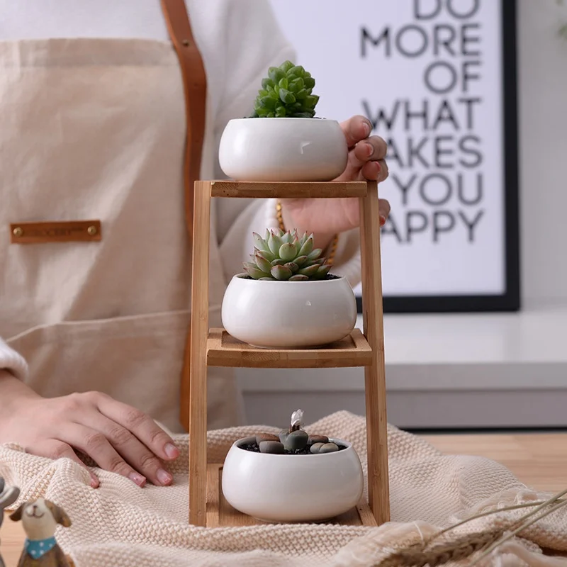 White oblate ceramic three-layer bamboo frame fleshy succulent plant flower pot