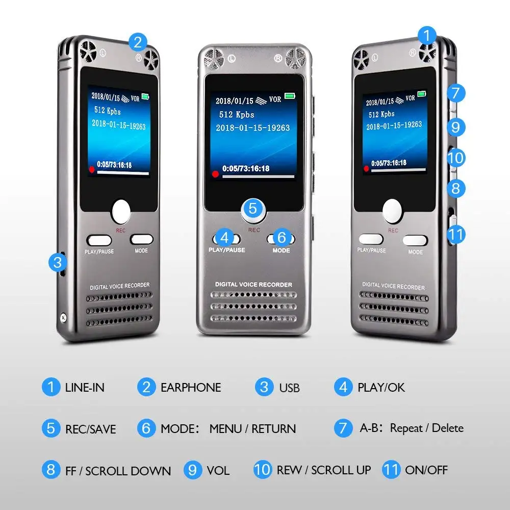 Portable Digital Audio Voice Recorder Recording Device Dictaphone 8GB Memory MP3 Music Player Telephone Conversation Recorder