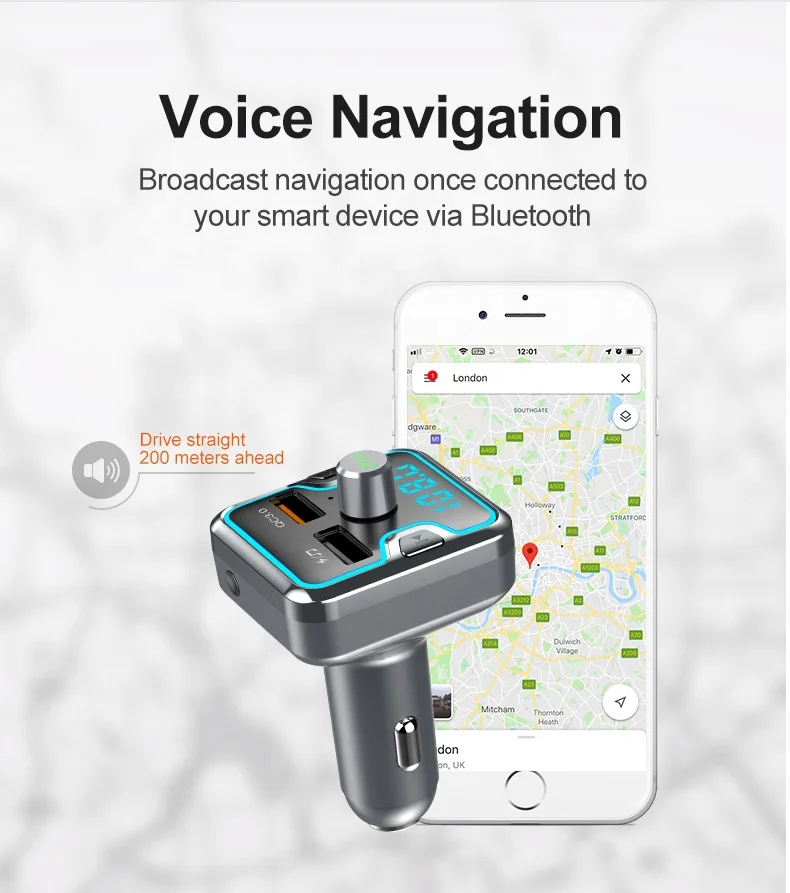 T45Q Bluetooth Car Kit read U disk/TF QC3.0 Charger Handsfree Stereo FM Transmitter MP3 Player Multi color light effect Gray