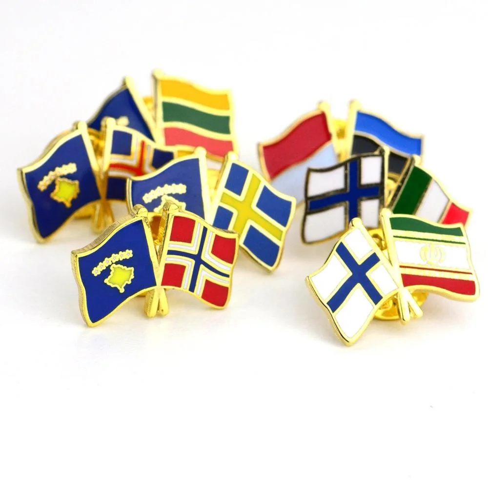 No Minimum Custom Oem Made Metal Crossed Two Country National Gold Double Flag Lapel Badge Pin Enamel Color
