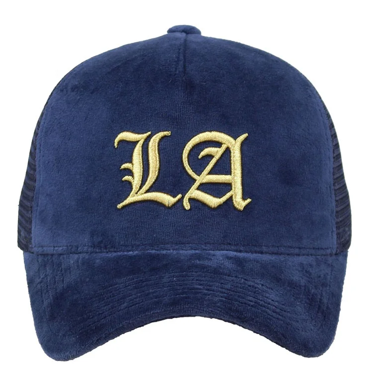 Custom gold embroidery velvet navy blue trucker cap