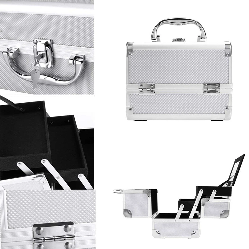 Pro Aluminum Rolling Makeup Case Salon Cosmetic Box Organizer Trolley Beauty Train Case,Silver