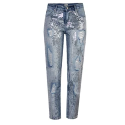 High Quality Washed Holes Jeans Embroidered Beads womens jeans