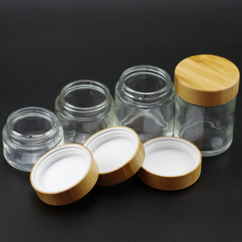 30ml 60ml 100ml 120ml clear glass jar with child resistant real bamboo lid packaging for cosmetic cbd oil