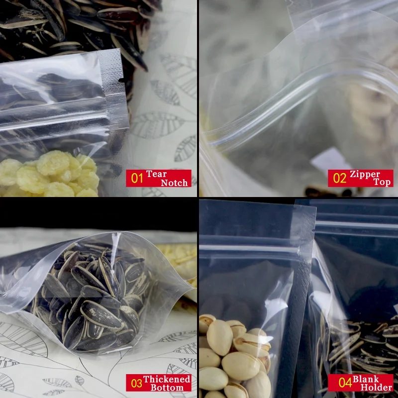 Doypack Plastic Standing up Pouches Resealable  Food Packaging Bags with Zipper Transparent PE Gravure Printing Accept