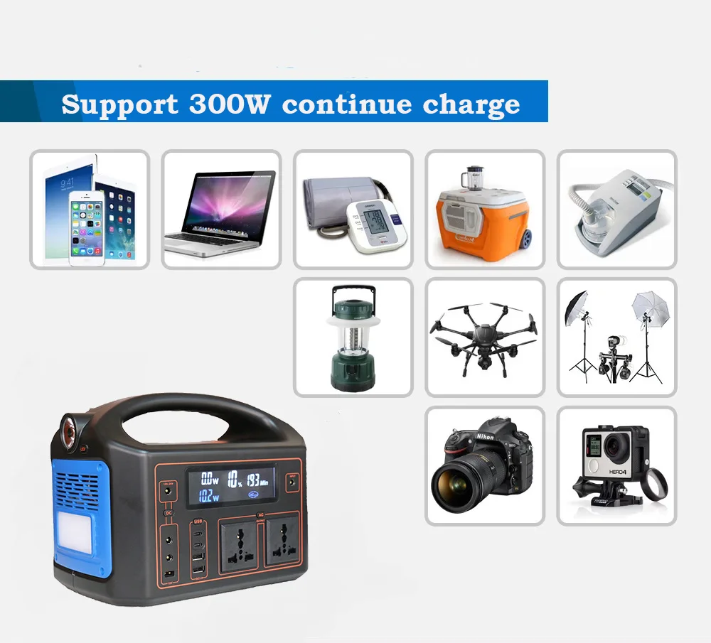 Multifunction storage AC power bank 100000mah 300W support DC 12V 24V 10a AC 300W portable powerpacks