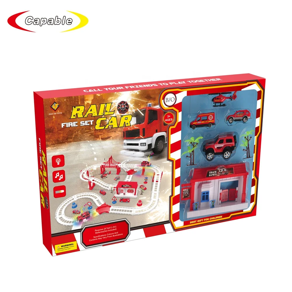 DIY racing battery operated rail track car fire set with die cast car for kids