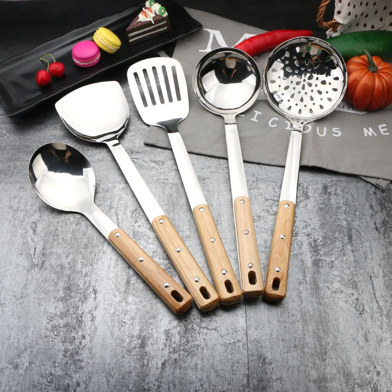 Solid Wood Cooking Tool set Stainless Steel Kitchen Utensil Set With Wooden Handle