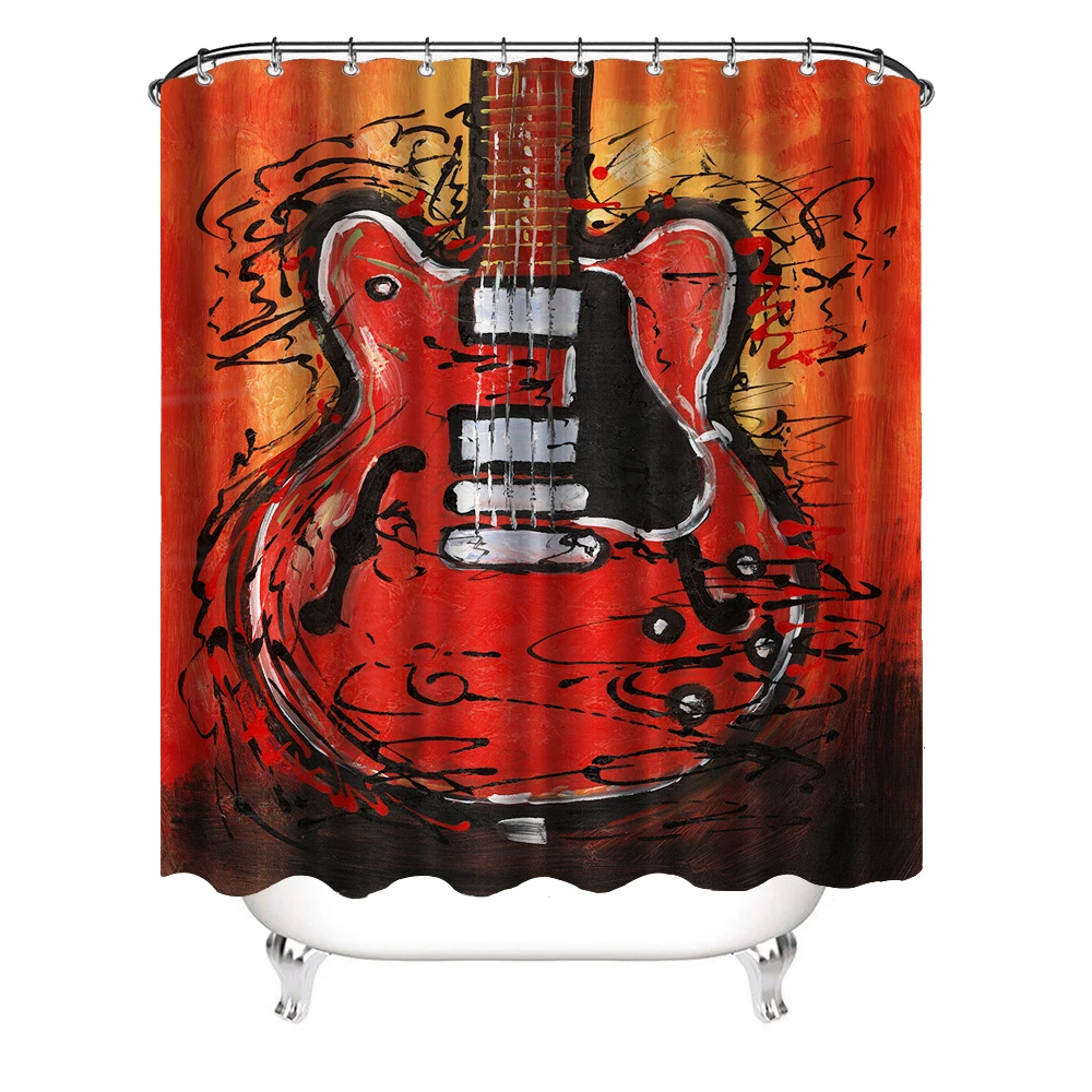 Fabric Shower Curtain Curtains with Hooks Guitar Shower Curtains Musical Instruments Vintage Style Home Decor