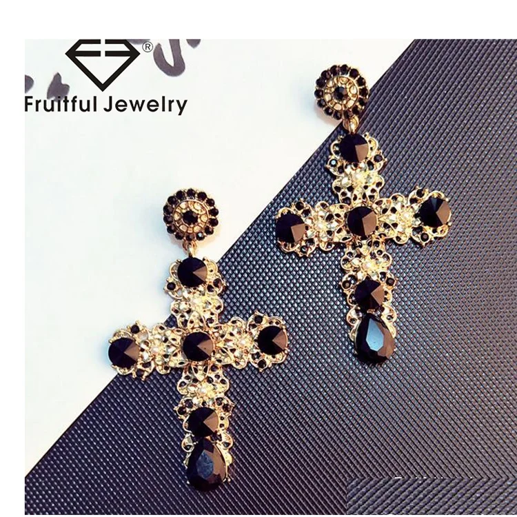 New Design Fashion KC Gold Cross With Black Red Crystal Heavy Party Jewelry Women Charm Earring