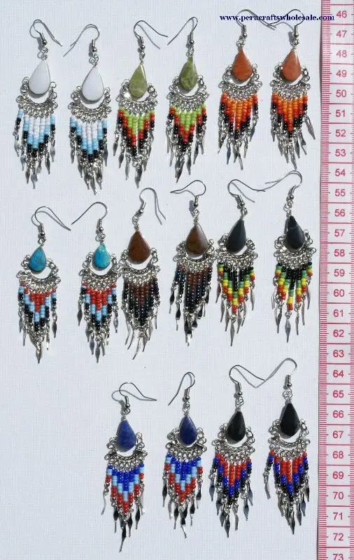 Dangle Earrings Handmade Natural Gem Stones Piedra and Colored Pearls, Handcrafted Wholesale Peruvian Jewelry