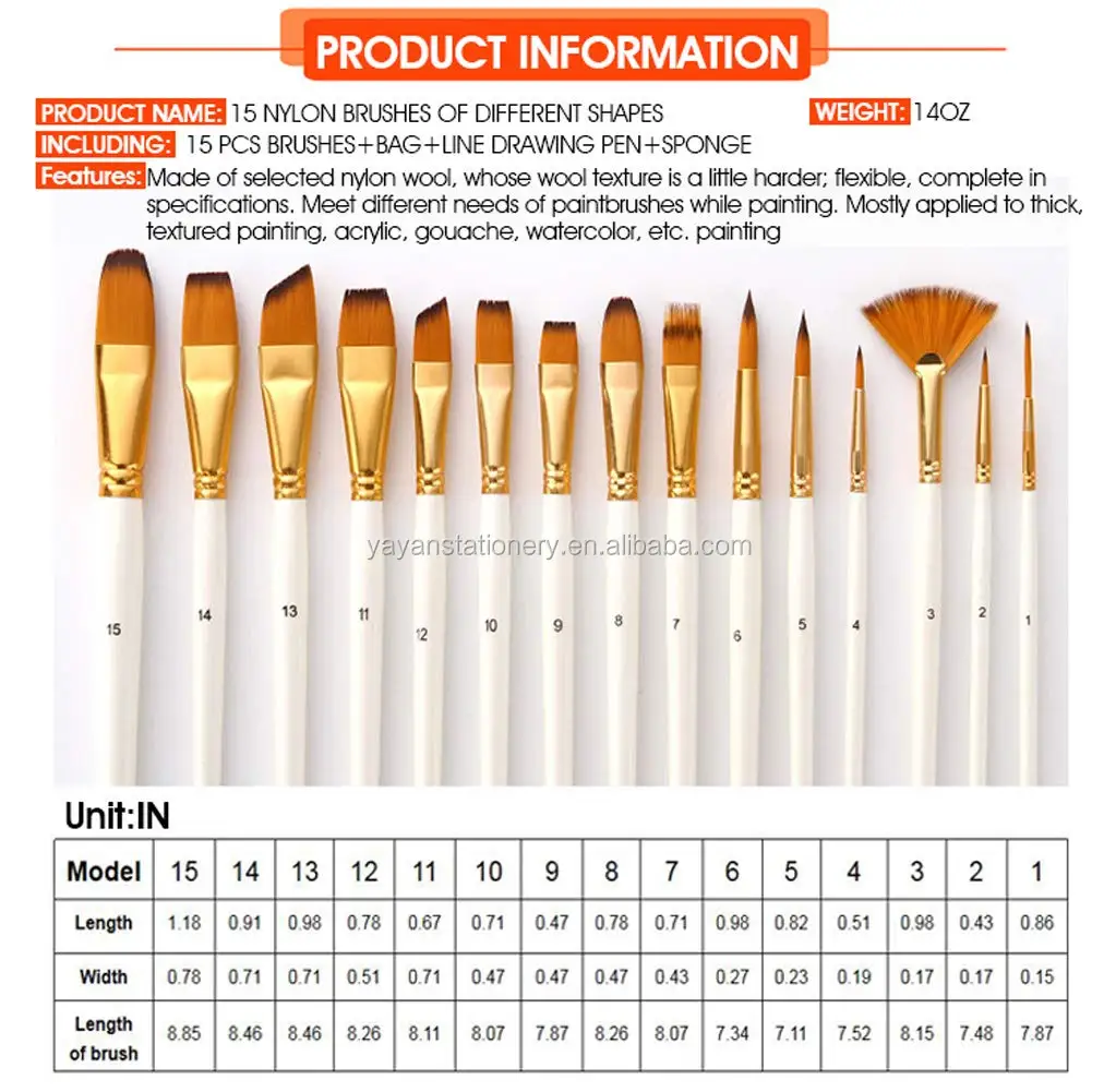 Professional 15pcs/set Gold Taklon Hair Different Hair Shape Acrylic Artist Paint Brushes for Artists Studio