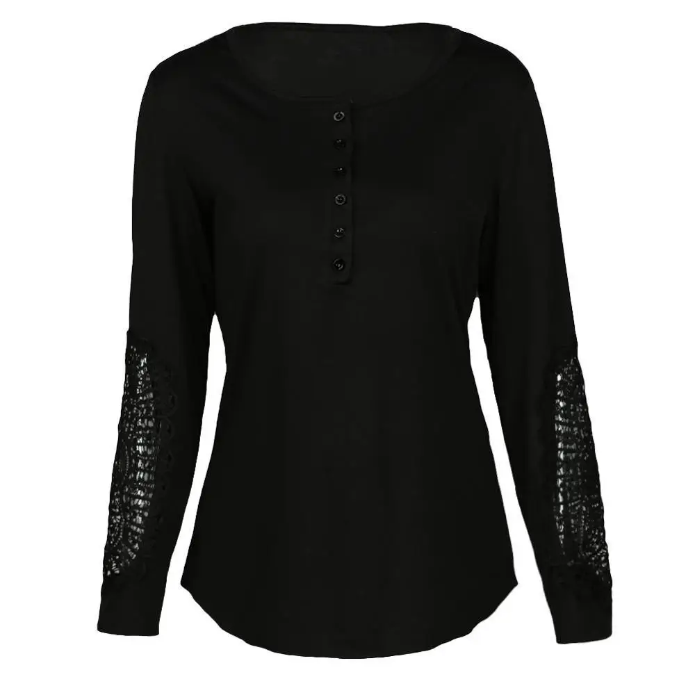 Sidiou Group Women Blouse Crochet Lace Splicing Long Sleeve Button Round Neck Hollow Solid T-Shirt