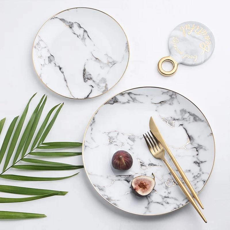 Unique dignity round dinner plate set western premium plain ceramic marble plates for food
