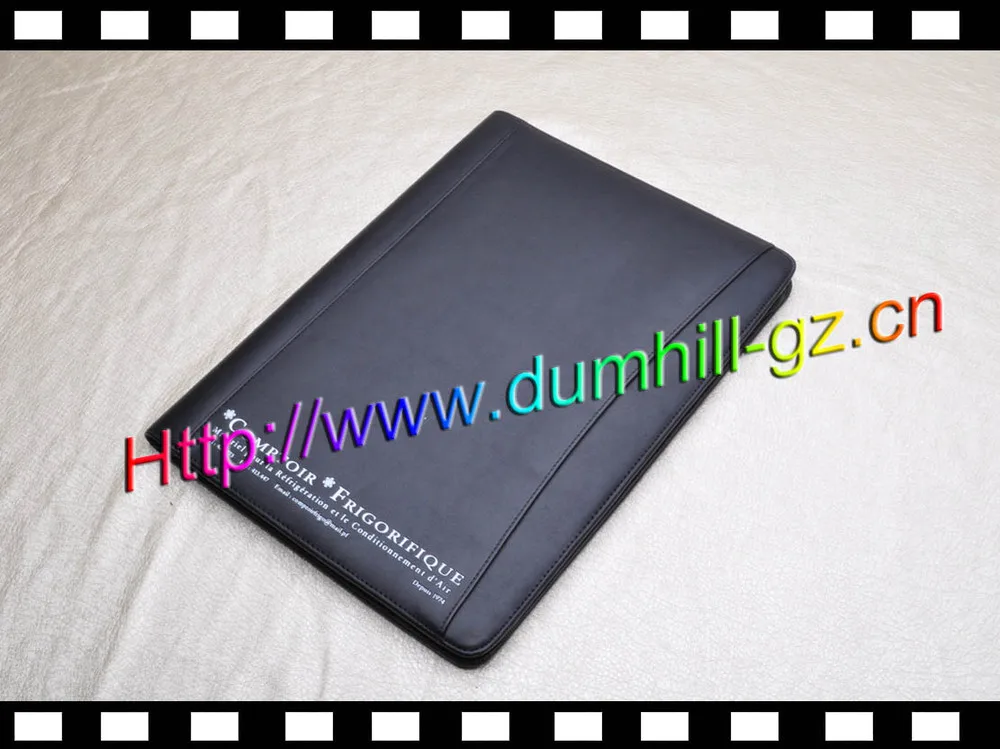 Luxury customized A4 leather document holder zip around with paper pad inside silk printing logo