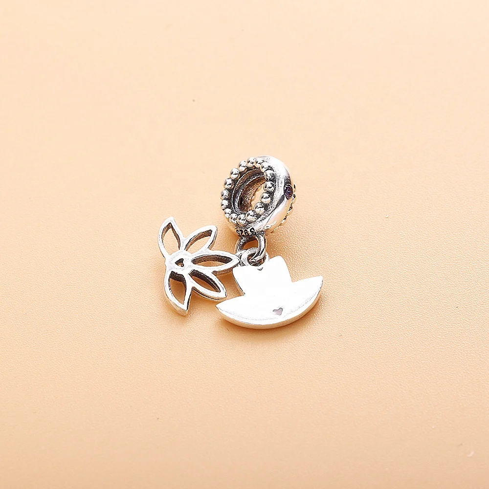 925 Sterling Silver Lucky Pink Lotus Flower Charms Beads For Famous Brand Bracelet Silver Charms flower heart necklace