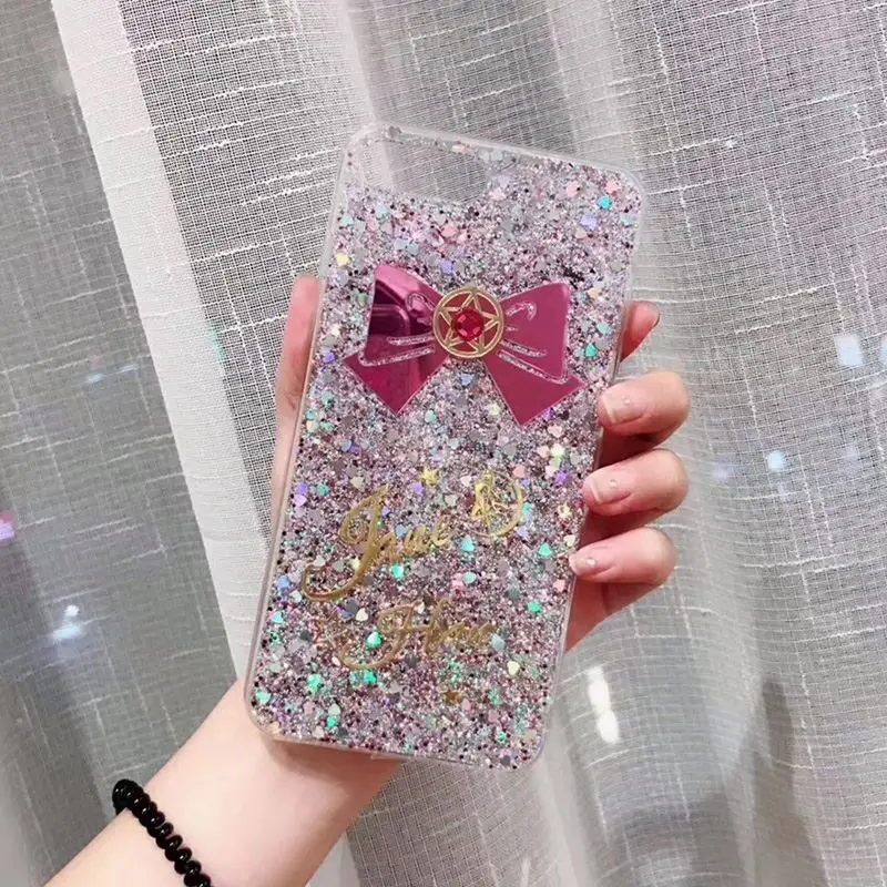 New Cute Cartoon Sailor Moon Case For iPhone 7 plus 6 6s plus Comics Paillette 3D Flash Powder Glitter Back Funda Cover Coque
